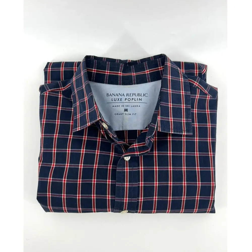 Banana Republic Luxe Poplin Shirt Men's Size M Grant Slim Fit Red Blue Plaid